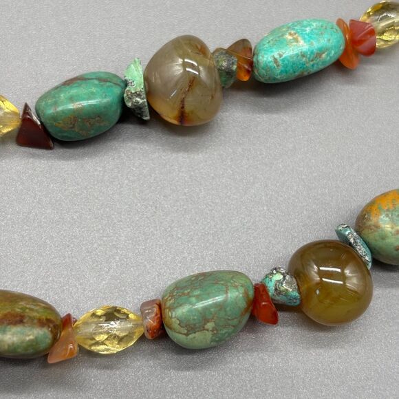 Turquoise Carnelian Agate Necklace Genuine Stone Beads Carved Pendant Statement - Picture 4 of 13